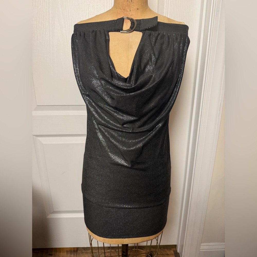 Superdown Black Shimmer Bodycon Dress | Ring Detail Cutout | Draped Cowl Neck